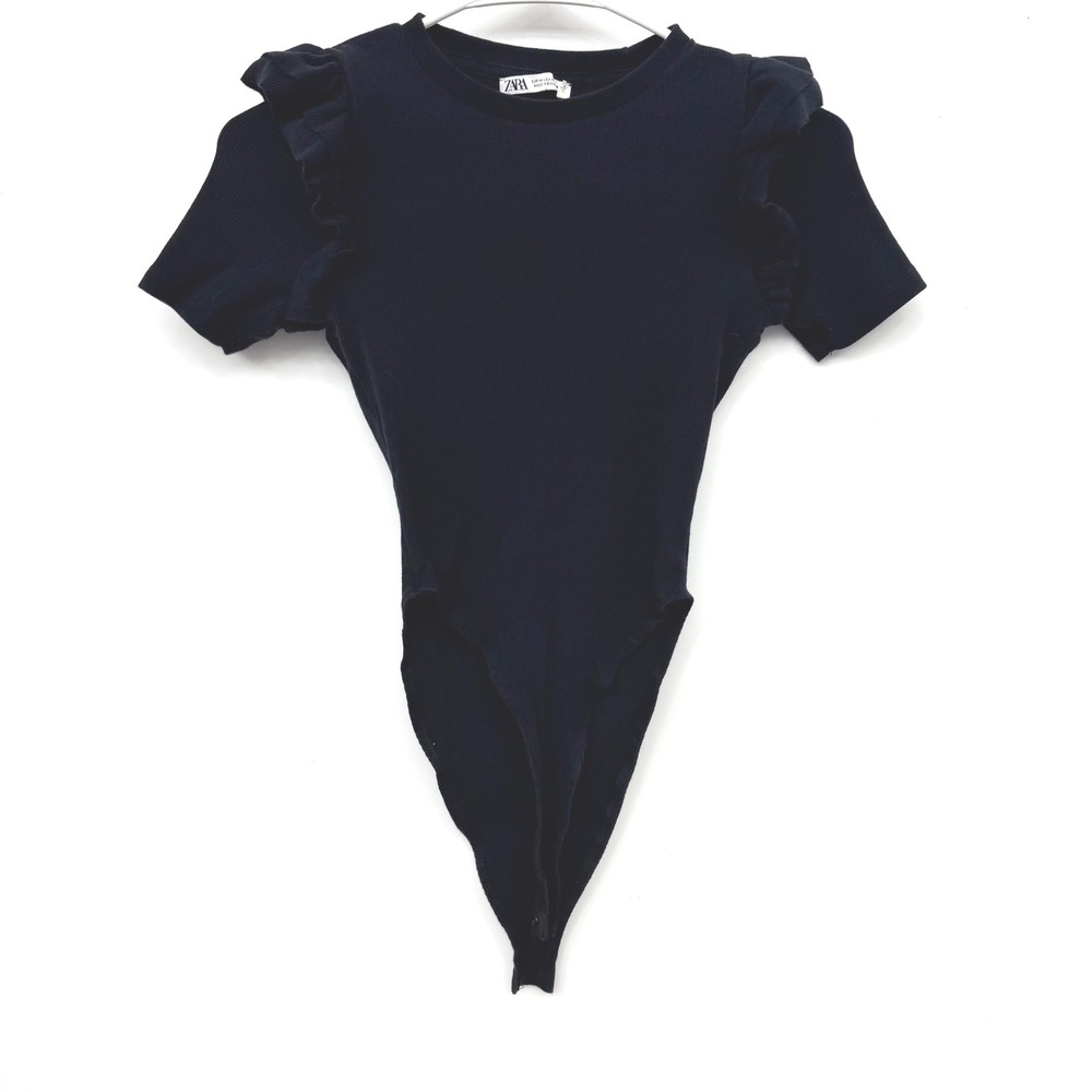 Zara Bodysuit Ruffle Shoulder Ribbed‎ Knit Womens Size Medium Black